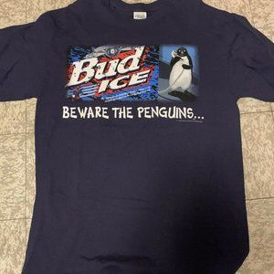 Vintage Bud Ice "Beware The Penguin" Beer Double Sided Graphic T Shirt Size XL